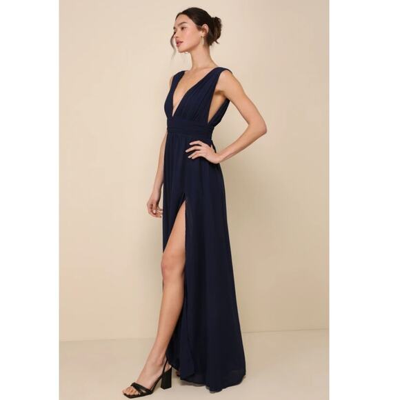 Lulus Heavenly Hues Gown Formal Dress Navy Blue Goddess V-Neck Maxi Chiffon M - Picture 16 of 16